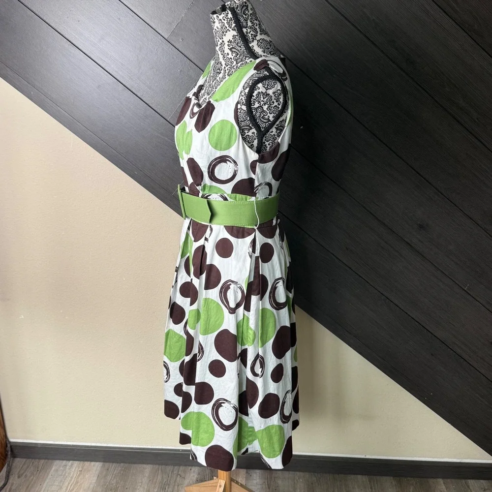 East 5th Women's Polka Dot Fit & Flare Belted Dress Size 8 Green Brown White - Picture 5 of 9